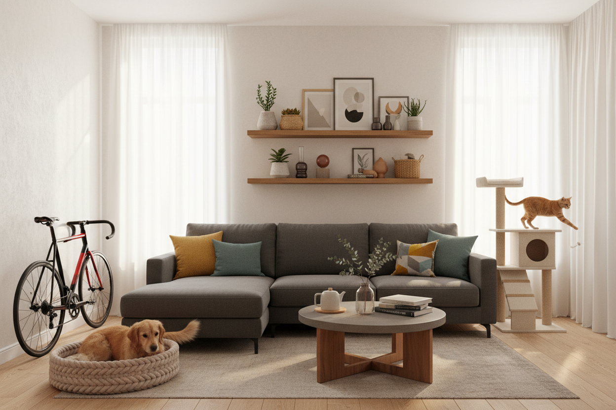 ayudame a generar una imagen que tenga que ver con cosas del hogas muebles del hogas , tambien para mascotas y mascotas y por que no una que otra coasa deportiva como una bicicleta recgargada contra la pared y una mascota por ahi y todo en una sala moderna y llamatica y tambien que en las paredes se pueda ver repisas en madera o cosas asi