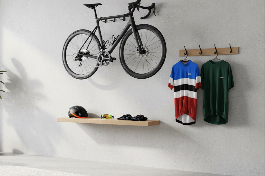 ayudame a que se vea un garage o una sala con una bicicleta deportiva contra la pared y accesorios como casco gafas y llaquetas en otro lado o encima de una repisa o colgados